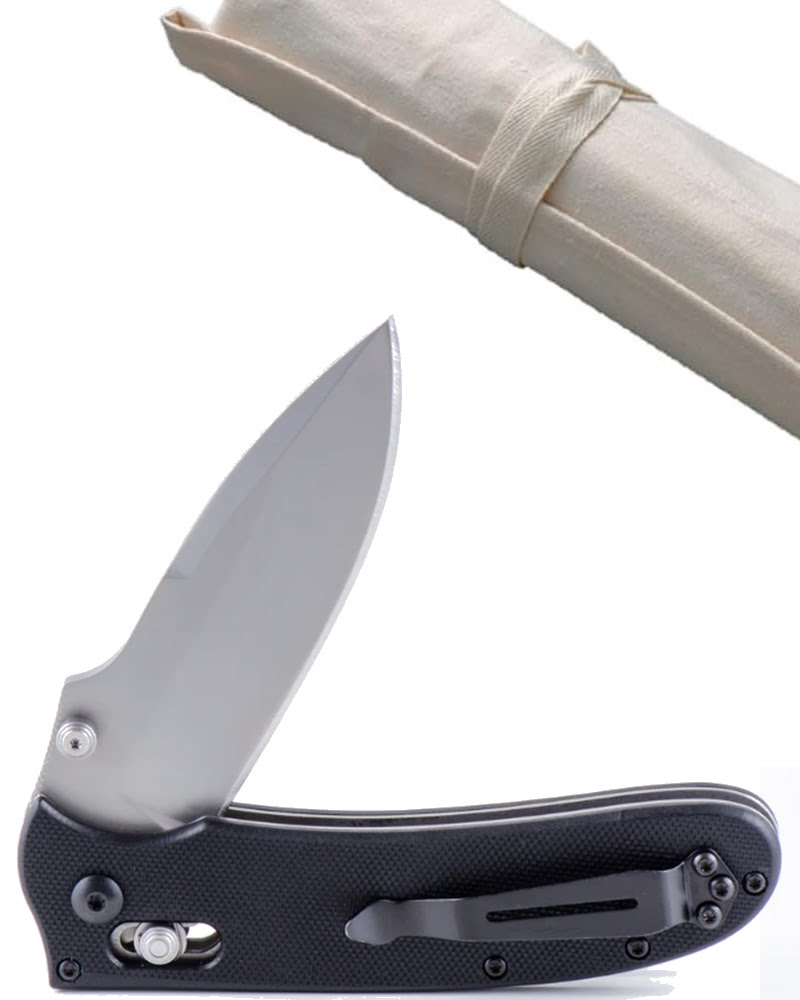 A folding pocket knife with a black handle and a partially open stainless steel blade, shown with its rolled-up fabric storage pouch tied with a strap