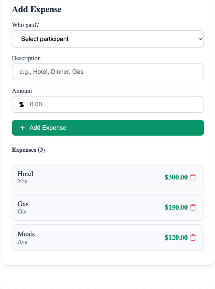 Expense split calculator showing interface for adding expenses, with fields for payer, description, and amount. Below, a list shows expenses: Hotel $300, Gas $150, Meals $120.