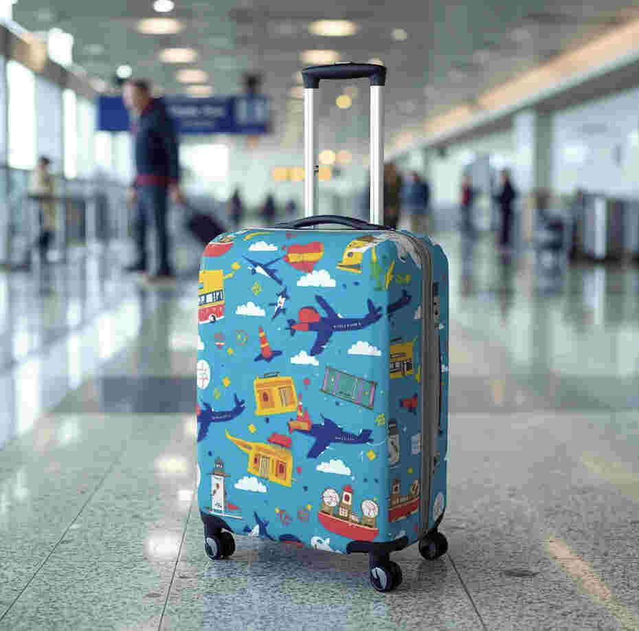 suitcase with colorful luggage cover 