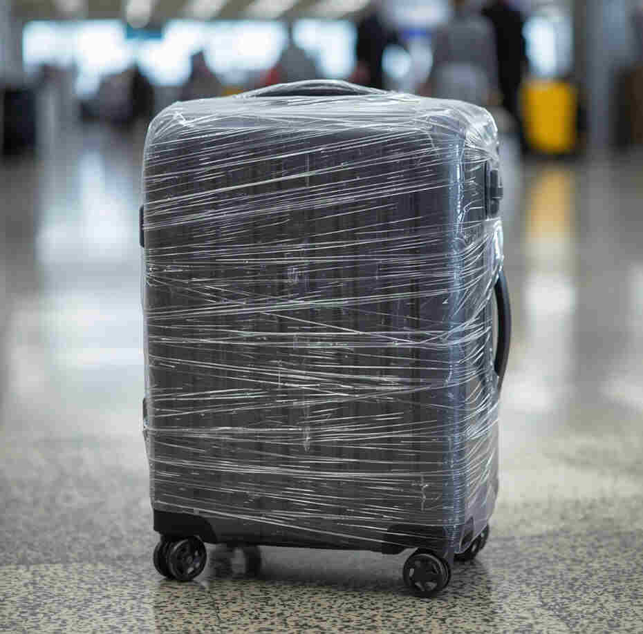 suitcase wrapped up in plastic
