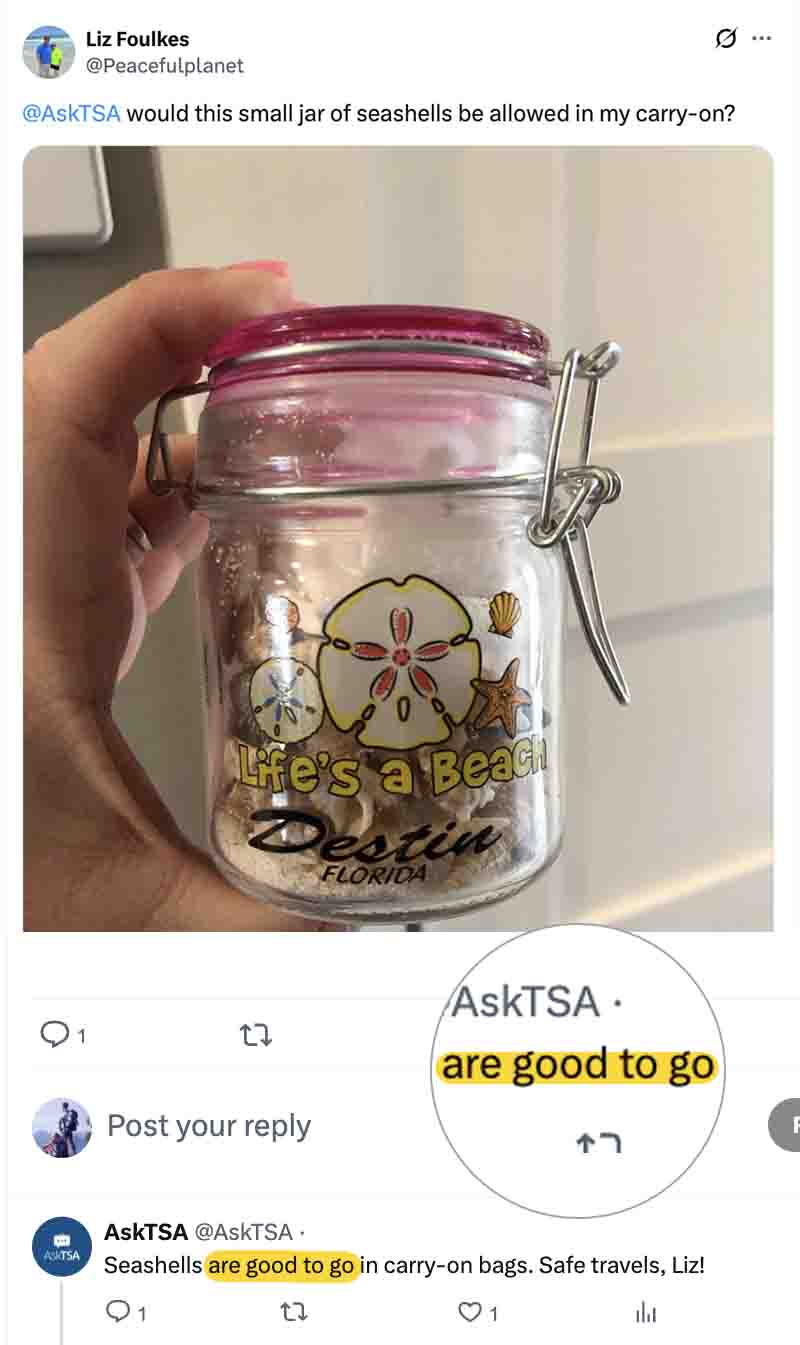 A screenshot from X for exchange here a user asks if seashells are allowed in carry-on bags