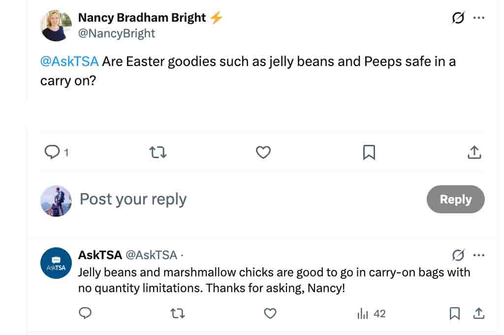 Screenshot of AskTSA confirming jelly beans and marshmallow Peeps are allowed in carry-on bags with no limits.