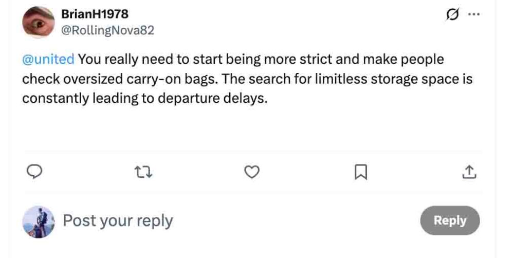 Screenshot from X of a user asking United Airlines to be stricter about oversized carry-on bags.
