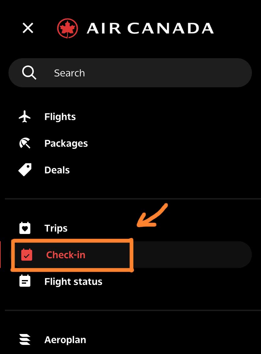 Air Canada app menu showing search bar and navigation options, with the Check-in button highlighted in orange for easy access