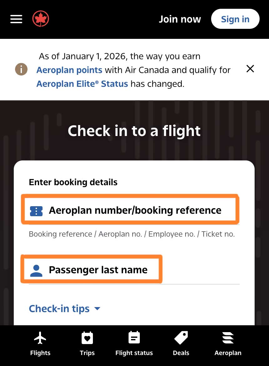 Air Canada mobile check-in screen showing fields for booking reference or Aeroplan number and passenger last name entry