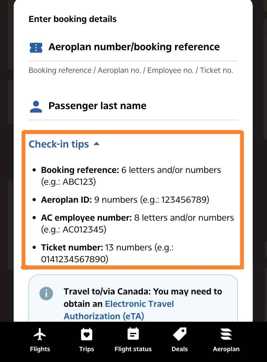 Air Canada check-in tips screen showing booking reference, Aeroplan ID, employee number, and ticket number input guidance