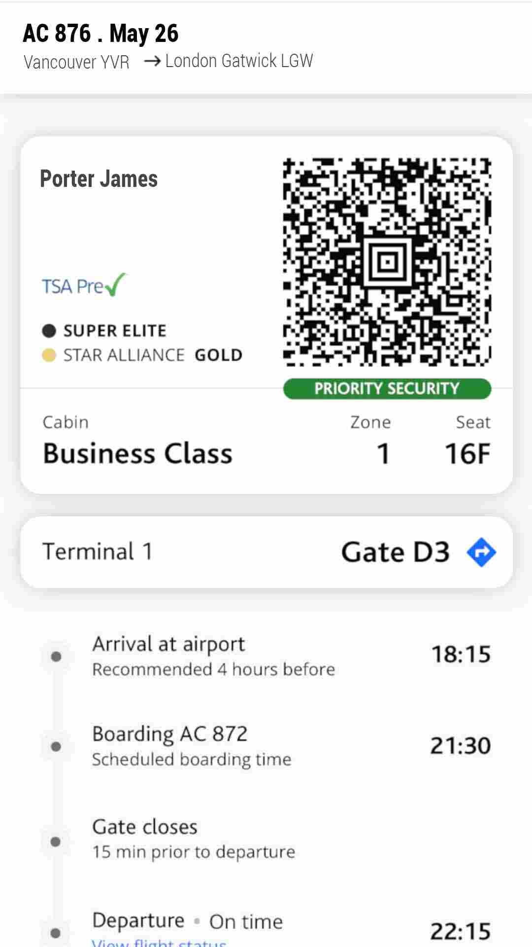 Digital Air Canada boarding pass showing flight details, QR code, business class seat, gate D3, and boarding time information