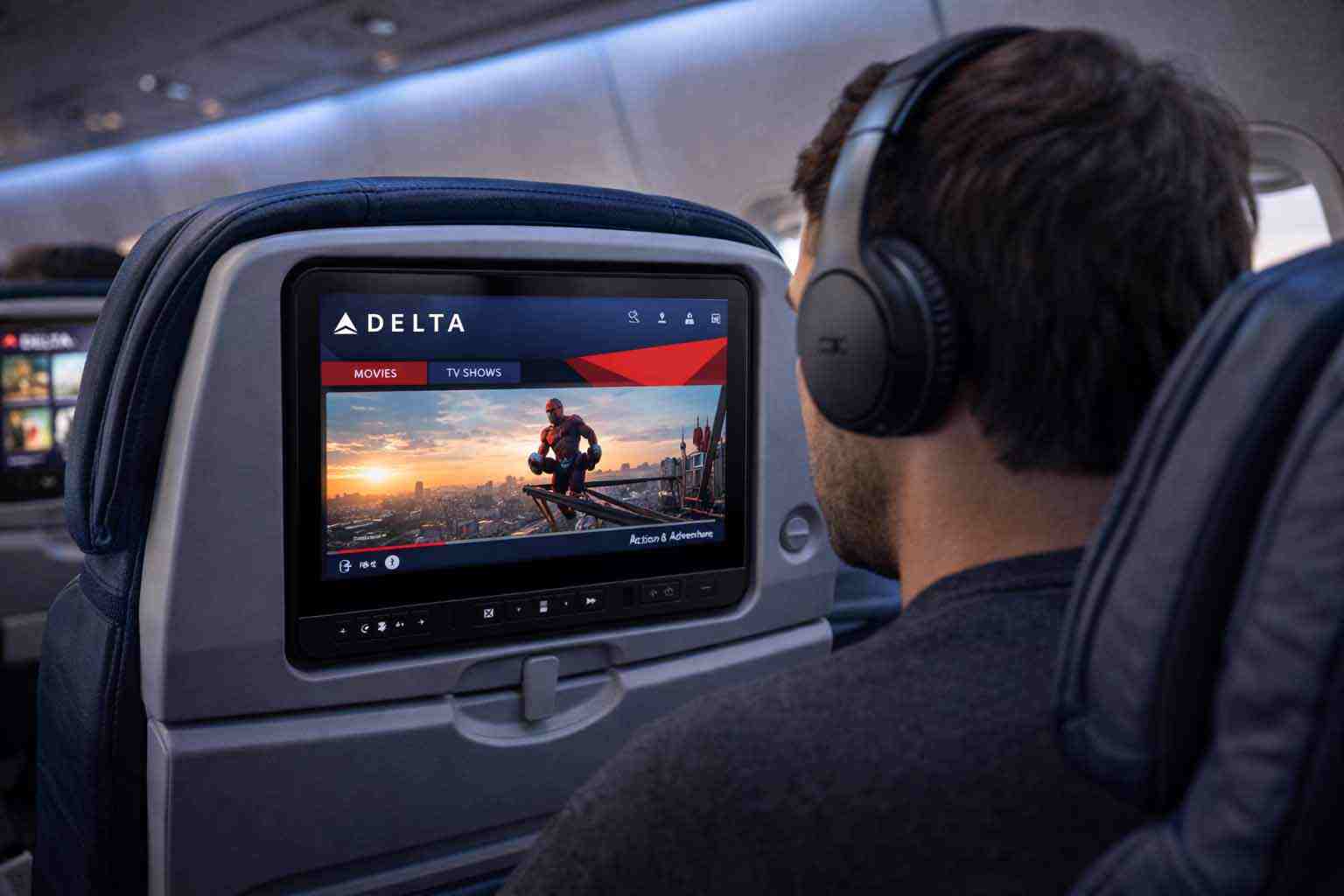 Passenger using Bluetooth headphones with a Delta Air Lines seatback screen during a flight