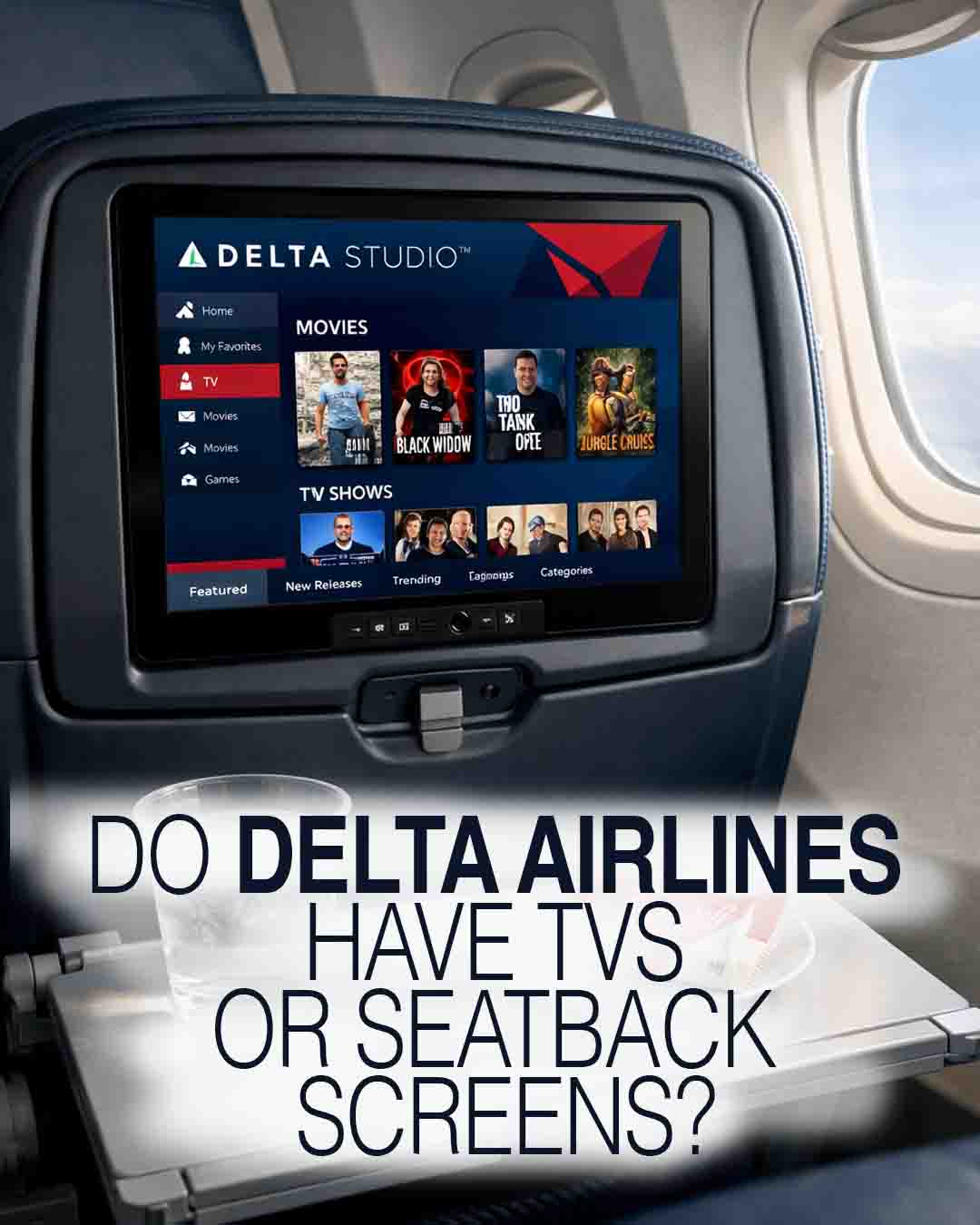 Delta Air Lines economy seat with seatback screen showing Delta Studio entertainment system onboard
