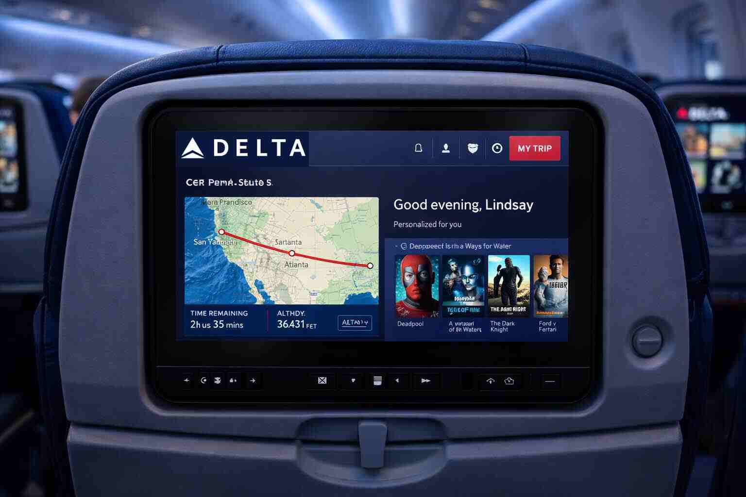 Delta Air Lines seatback screen displaying the Delta Sync