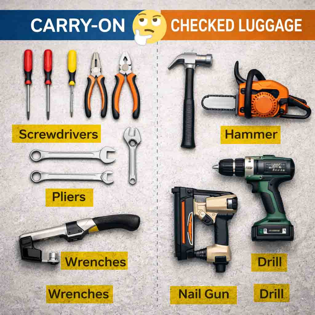 Infographic comparing tools allowed in carry-on vs checked luggage