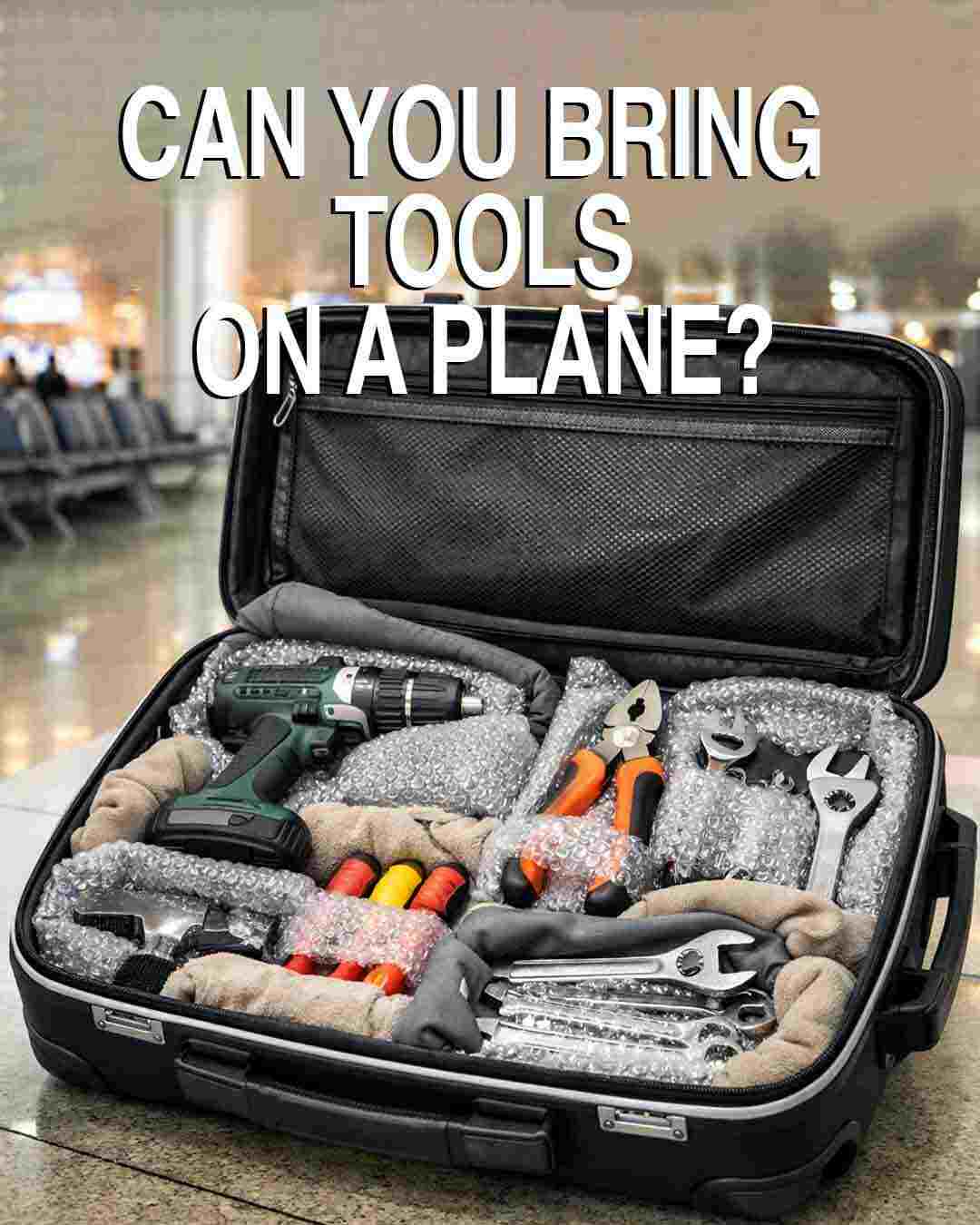 Open hard-shell suitcase at an airport filled with tools like a drill, pliers, wrenches, and screwdrivers wrapped in bubble wrap