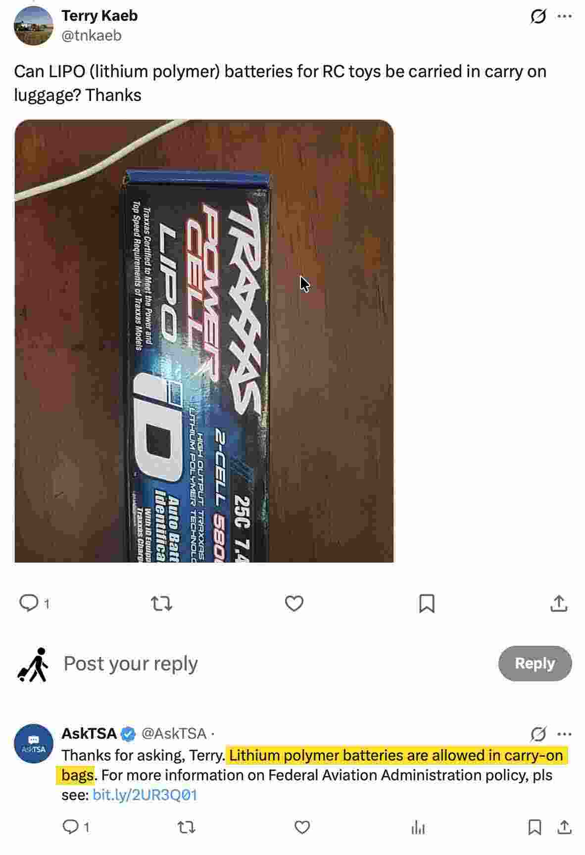 Screenshot of a tweet asking about carrying LiPo batteries in carry-on, with AskTSA reply saying lithium polymer batteries are allowed in carry-on bags