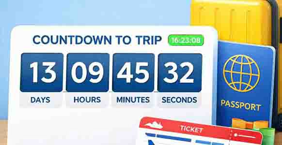 Trip countdown timer with passport and a bag