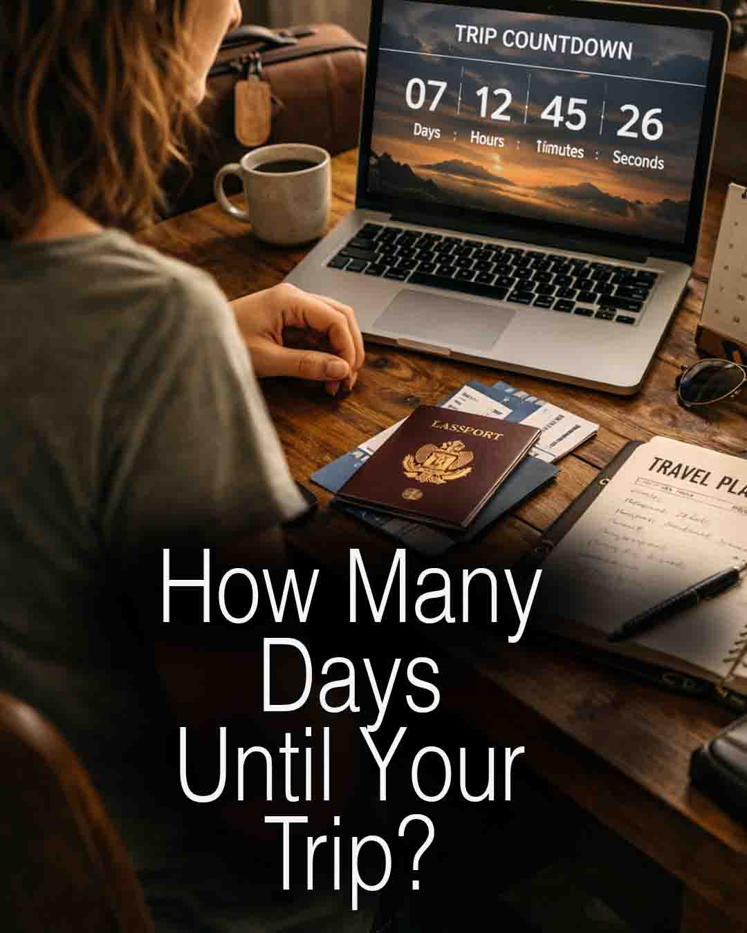 Woman sitting in a desk with laptop showing a trip countdown timer, passport, tickets, and travel notes