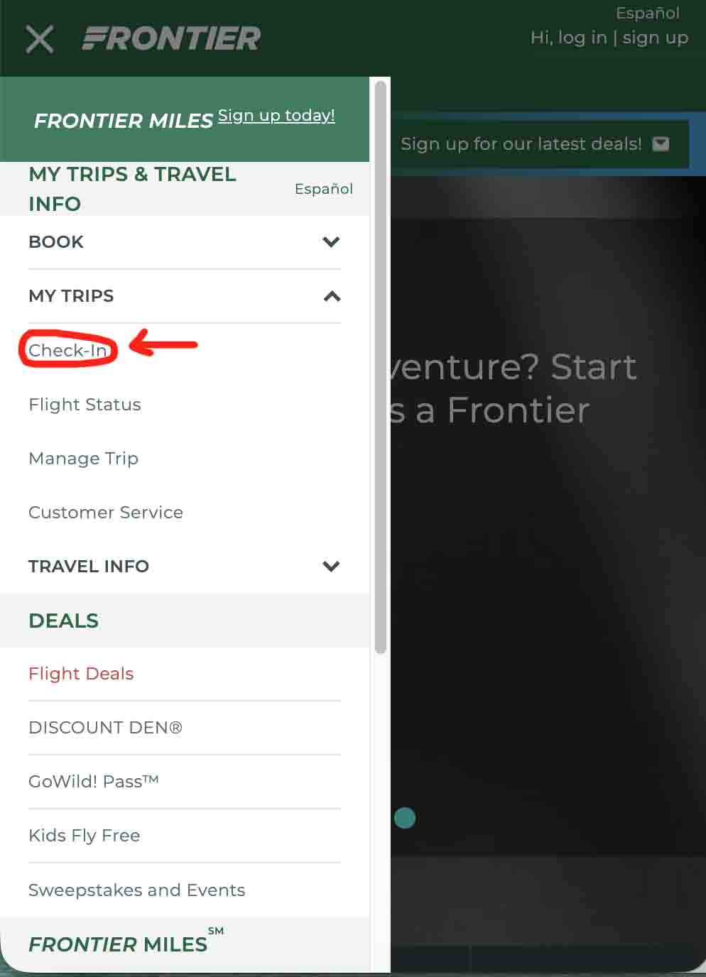 Frontier Airlines website menu showing the “Check-In” option highlighted under My Trips section