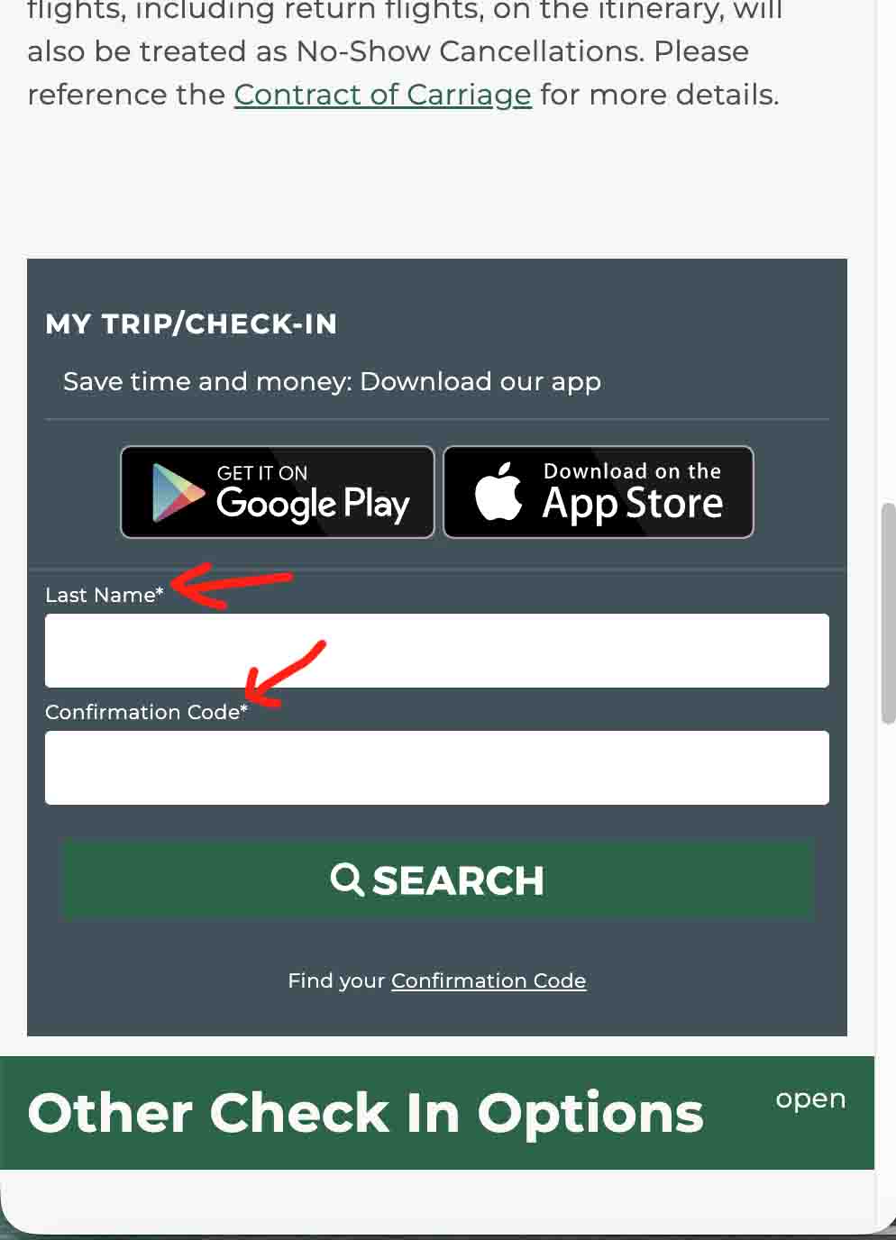 Frontier Airlines check-in page showing fields for last name and confirmation code with a search button