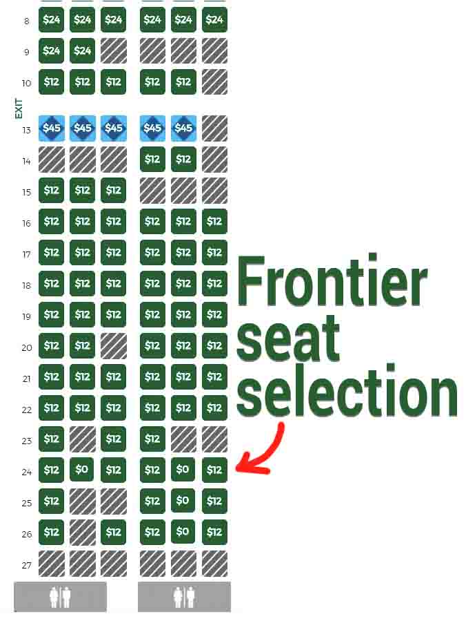 Airplane seat map showing Frontier Airlines seat selection prices, mostly $12 seats with some $0 and higher-priced options highlighted