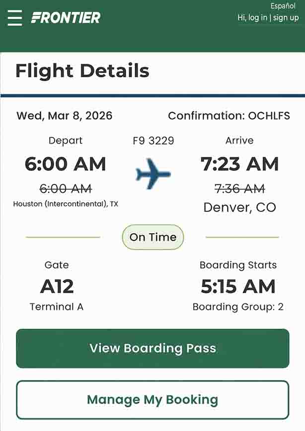 Boarding pass from Frontier Airlines showing a 6:00 AM flight from Houston to Denver, gate A12, boarding at 5:15 AM, on-time status