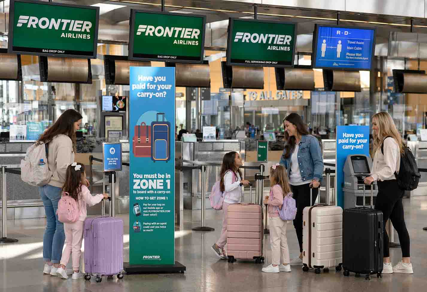 Mother traveling with two children checking in at Frontier Airlines airport counter with carry-on suitcases
