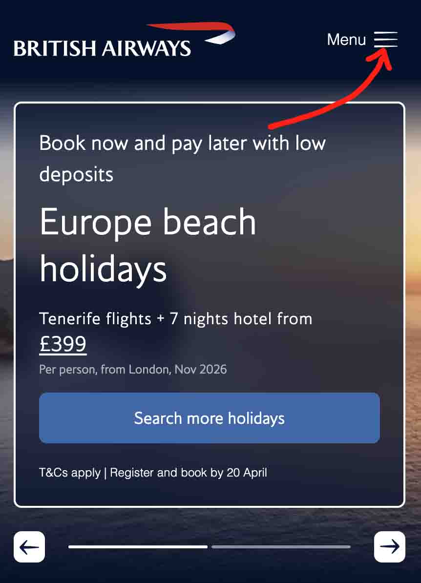 Screenshot of the British Airways website showing a holiday promotion for Europe beach vacations, with a red arrow pointing to the menu icon in the top corner