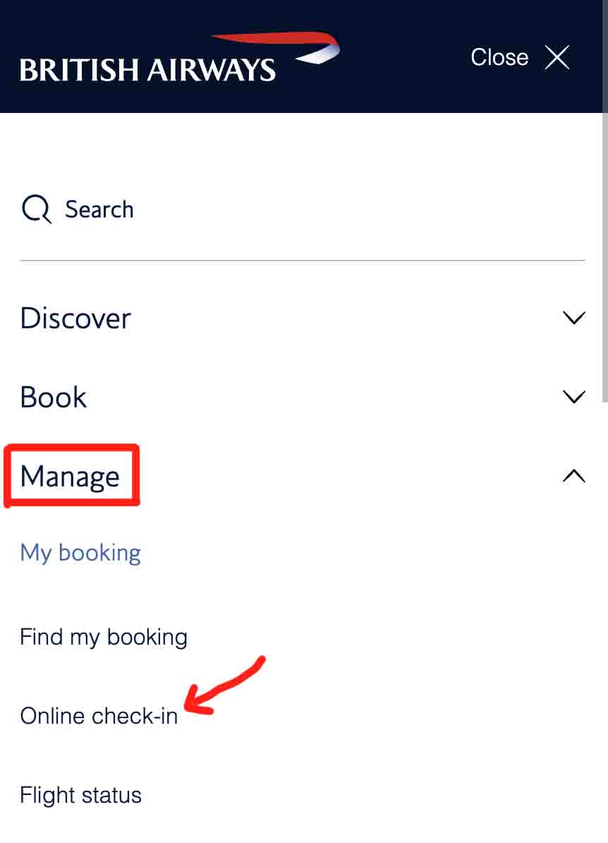 Screenshot of the British Airways website menu showing the “Manage” section expanded, with “Online check-in” highlighted by a red arrow