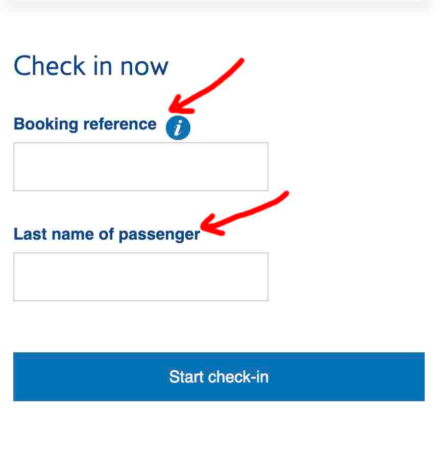 Online check-in page showing fields for booking reference and passenger last name, with red arrows pointing to both input areas and a “Start check-in” button below