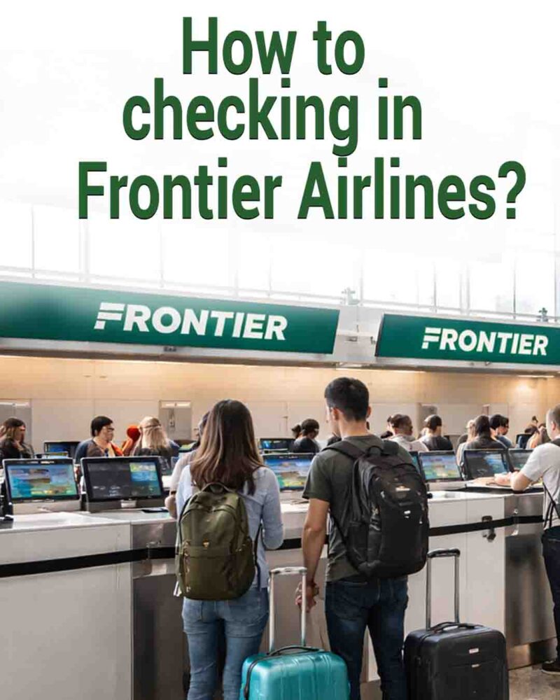Travelers checking in at Frontier Airlines counter in a busy airport terminal with luggage and self-service kiosks
