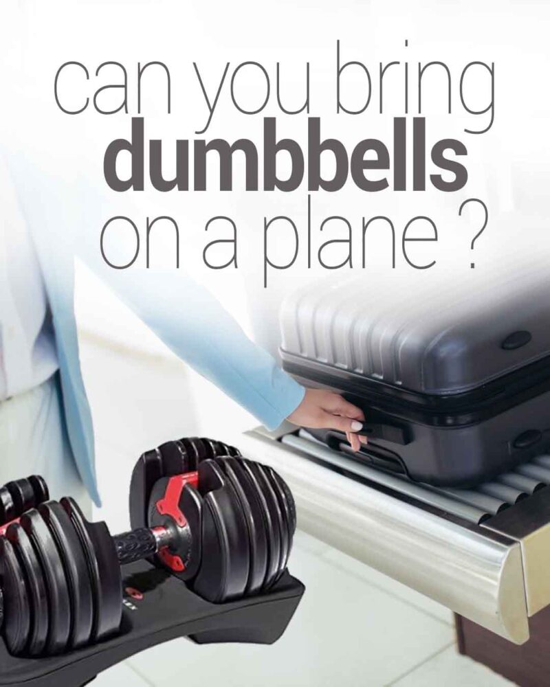 Person placing a suitcase on an airport conveyor belt with a dumbbells  and text asking if you can bring dumbbells on a plane