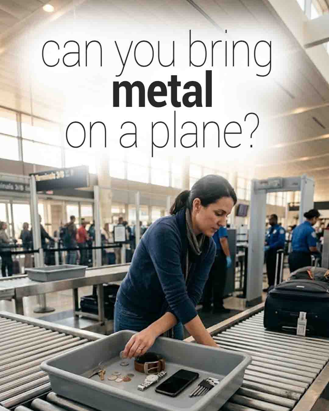 Woman placing metal items like coins, keys, and a phone into a TSA security bin at an airport, with text reading “can you bring metal on a plane?”