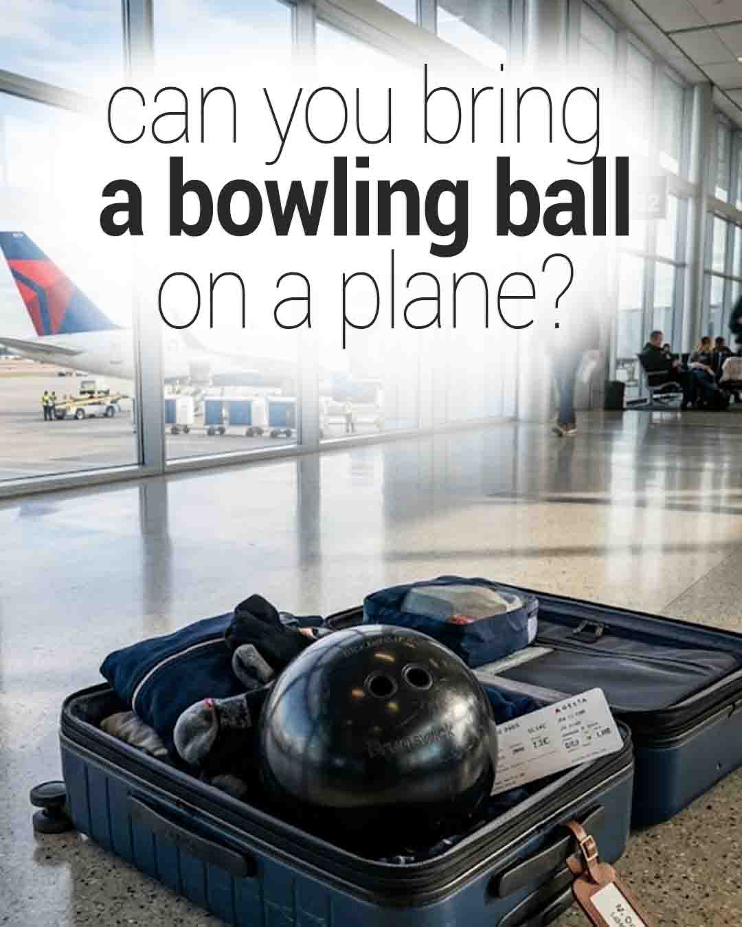 Open suitcase at an airport with clothes, a boarding pass, and a bowling ball inside. An airplane is visible through the terminal windows, with text asking, “Can you bring a bowling ball on a plane?”
