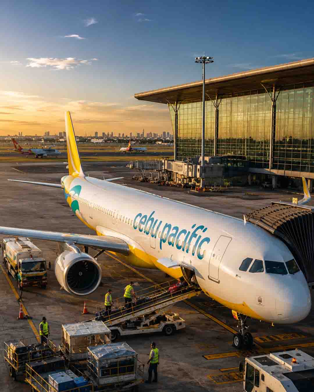 Cebu Pacific airplane parked at an airport gate during golden hour with ground crew and baggage carts