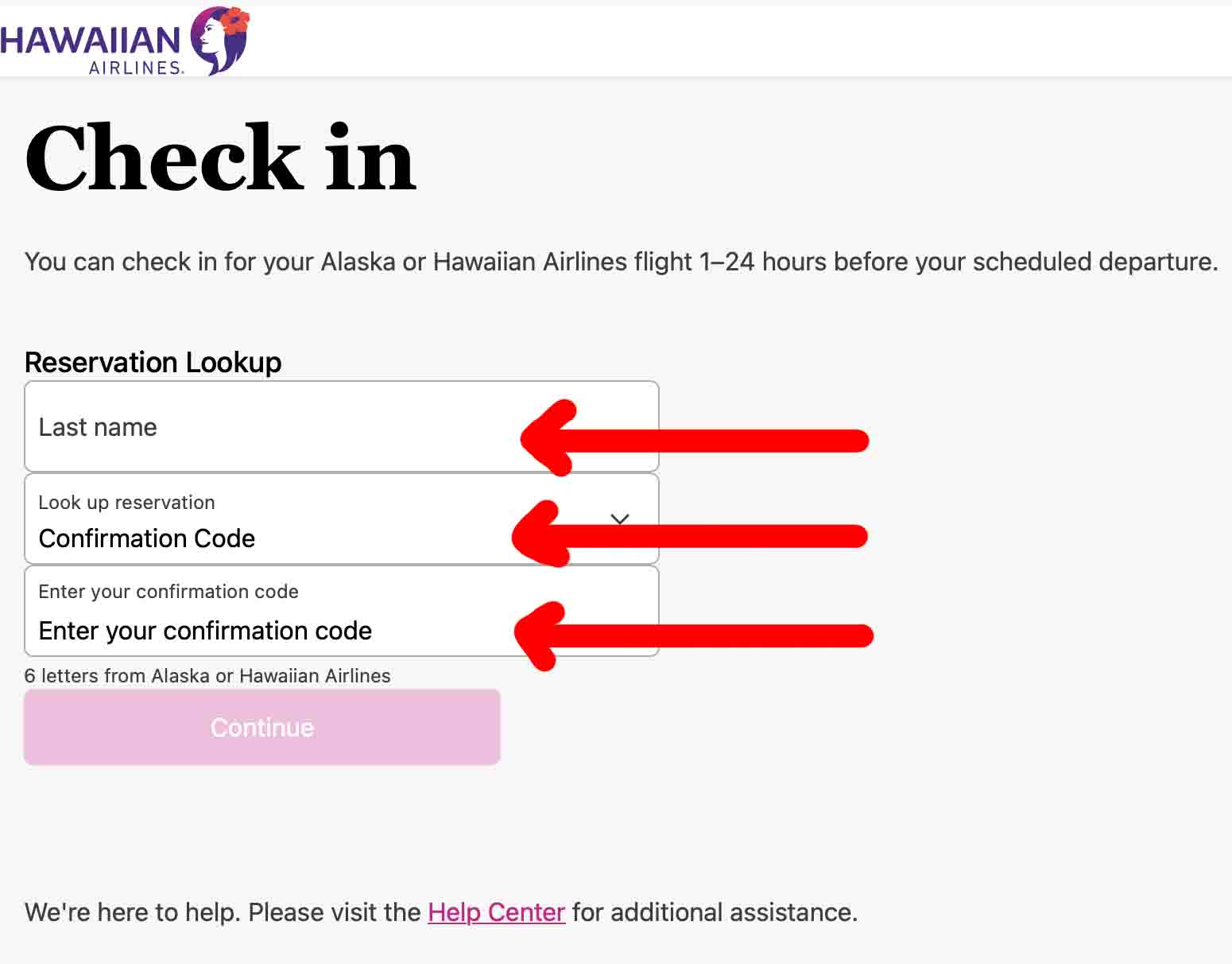 Hawaiian Airlines online check-in page with reservation lookup form.