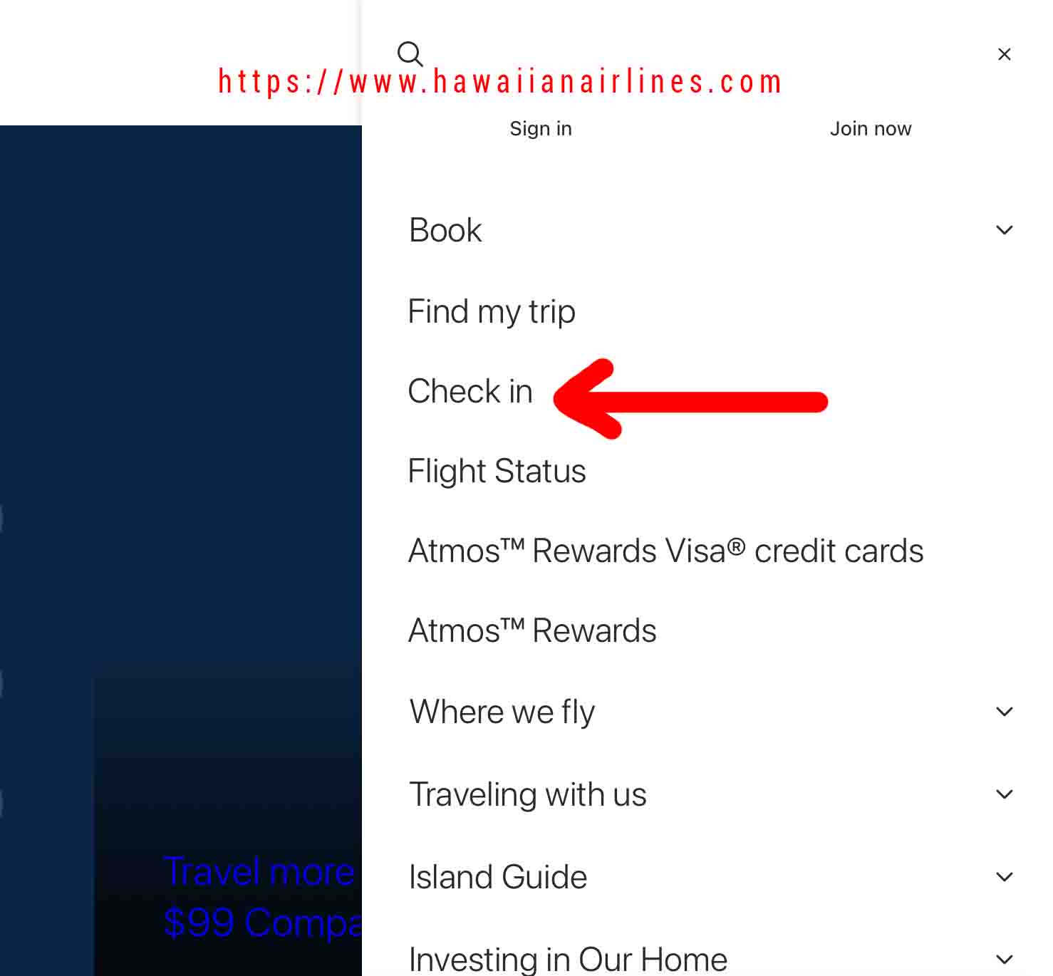 Hawaiian Airlines website menu showing the Check In option.