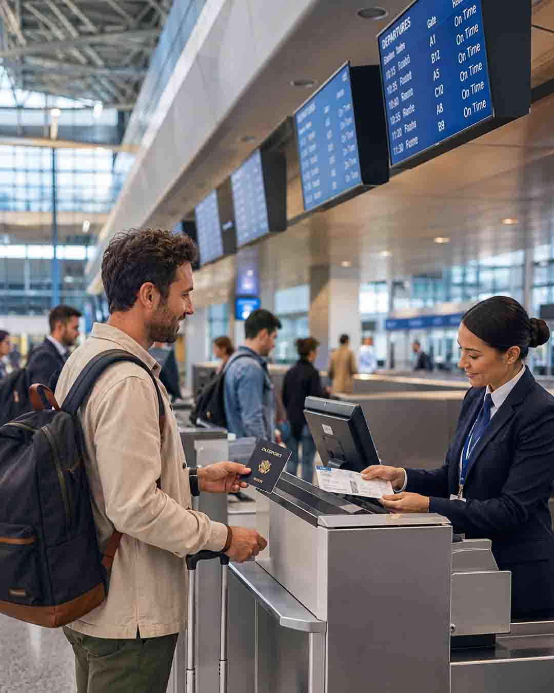 Traveler presenting a passport to an airline agent at an airport check-in counter while receiving a boarding pass