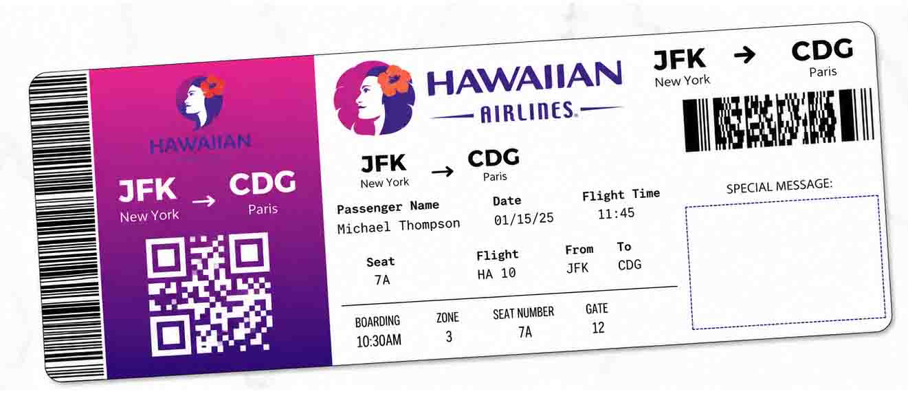 Hawaiian Airlines boarding pass with flight details