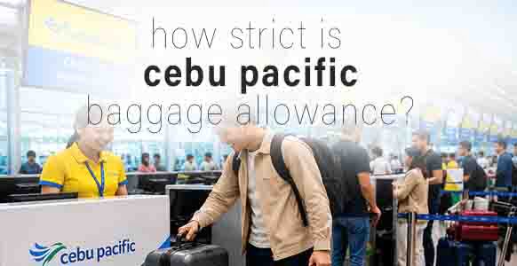 passenger checking in luggage at a Cebu Pacific airport counter with baggage allowance text overlay