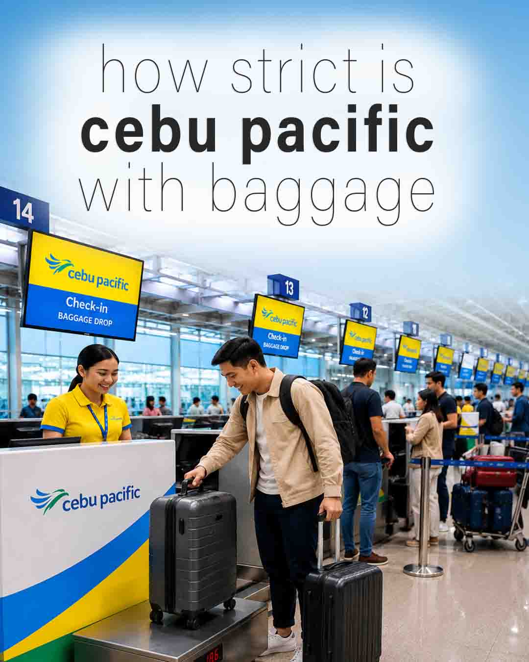 Traveler checking baggage at a Cebu Pacific check-in counter