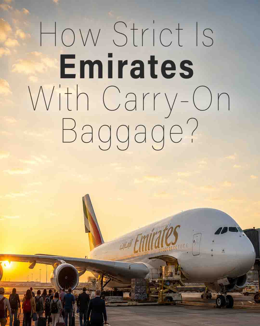 Emirates Airbus A380 at the gate during sunset with passengers boarding and carry-on baggage headline