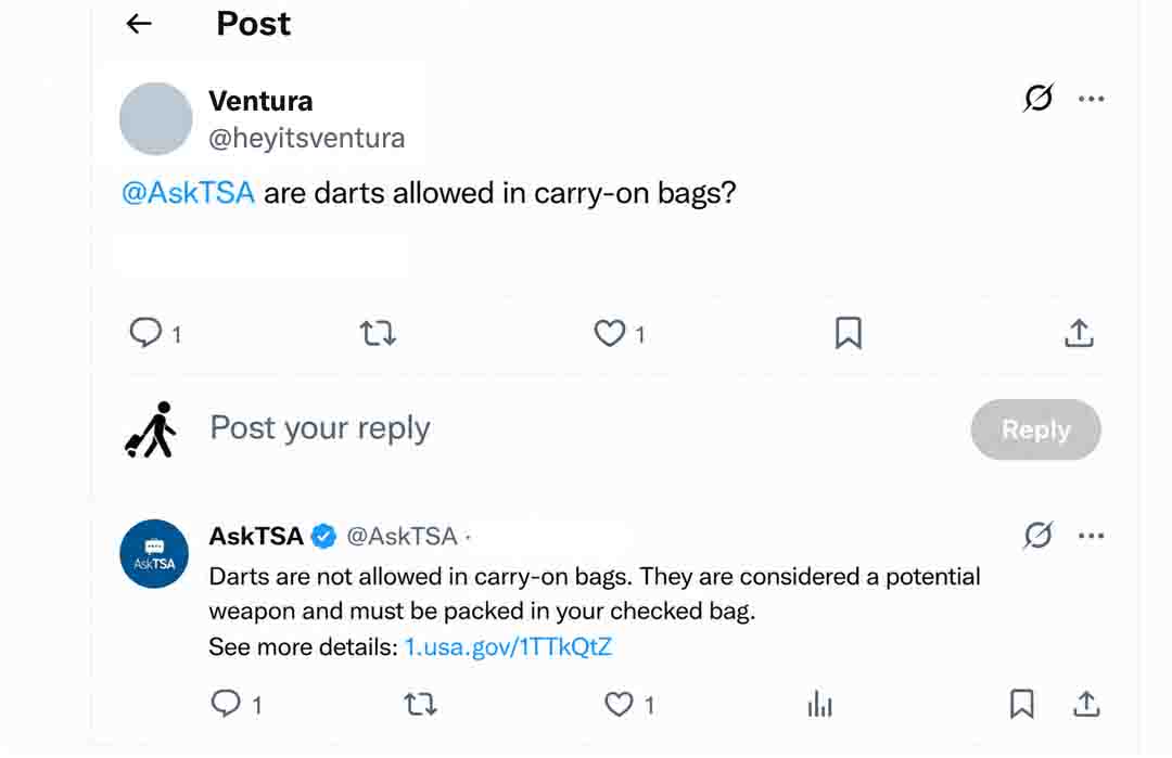 Screenshot of a TSA post confirming darts are not allowed in carry-on bags