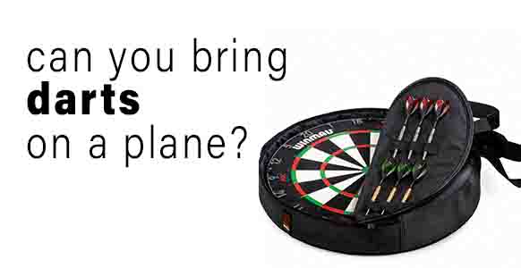 Darts in a protective case with a dartboard, with text asking if you can bring darts on a plane