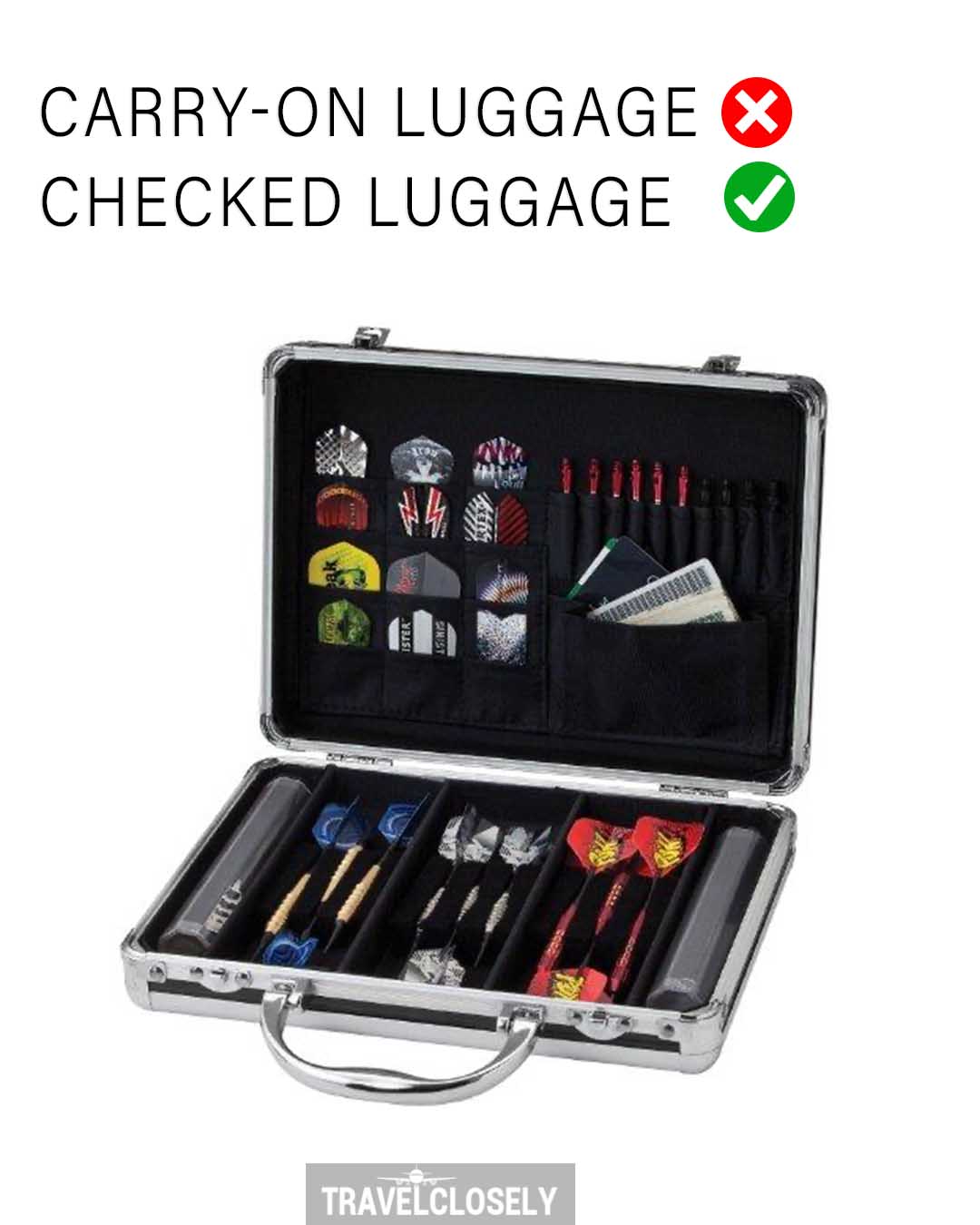 Darts case with darts, labeled carry-on not allowed and checked luggage allowed