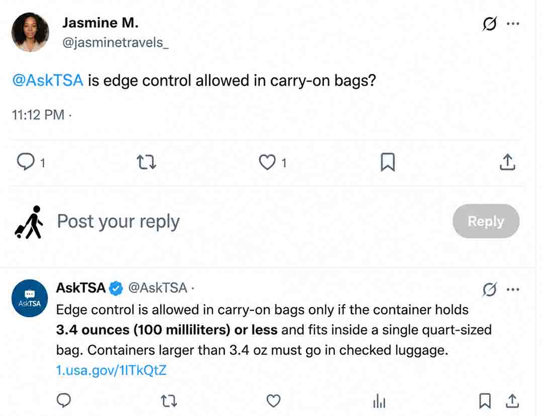An X post asking TSA if edge control is allowed in carry-on bags.
