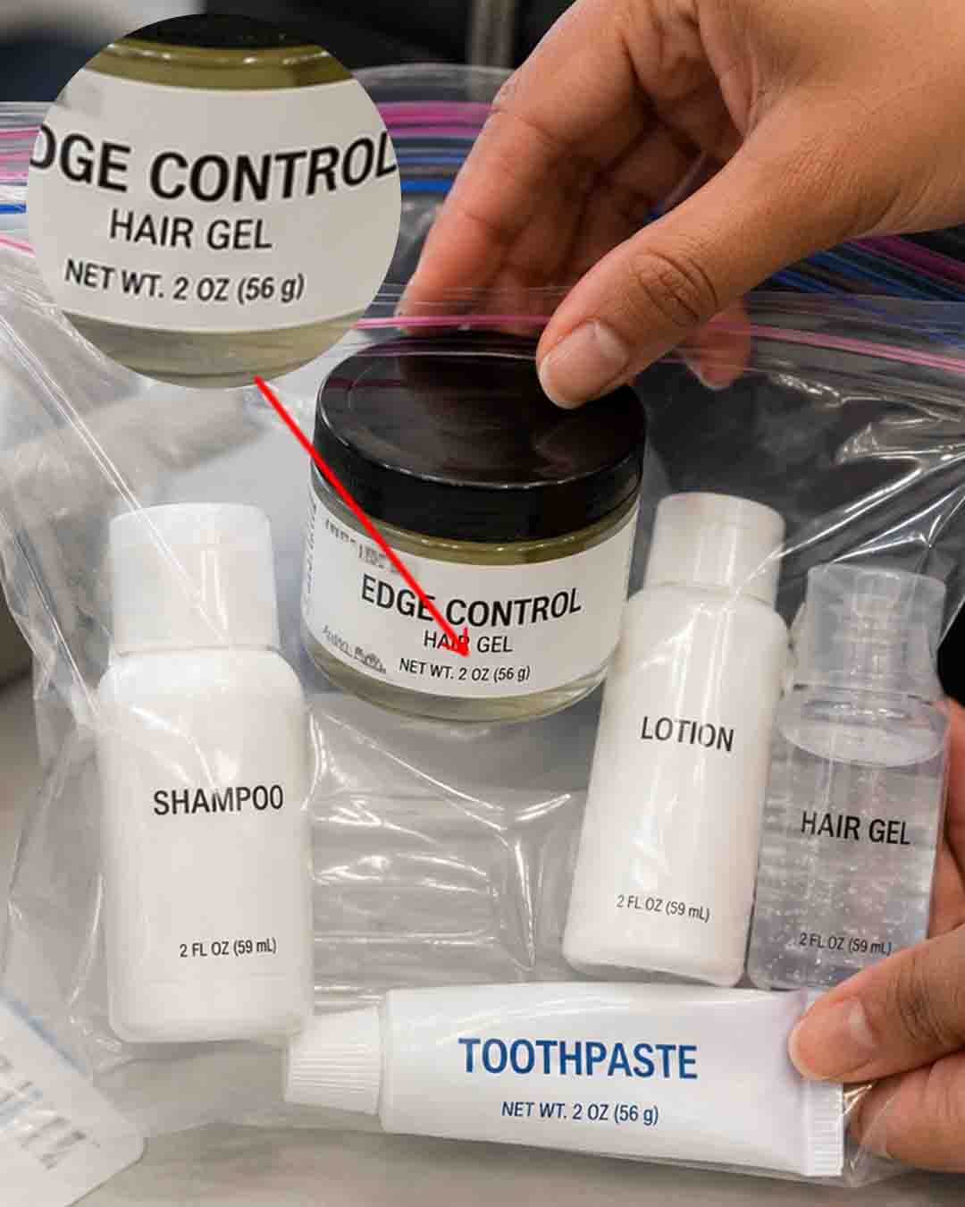 A 2-ounce edge control hair gel jar and travel toiletries packed in a clear liquids bag
