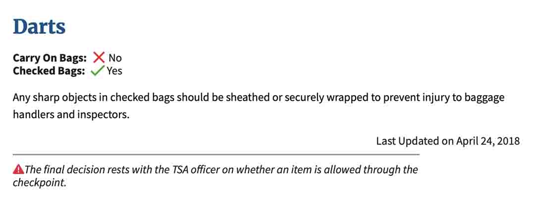 TSA guidance showing darts are prohibited in carry-on bags but allowed in checked bags