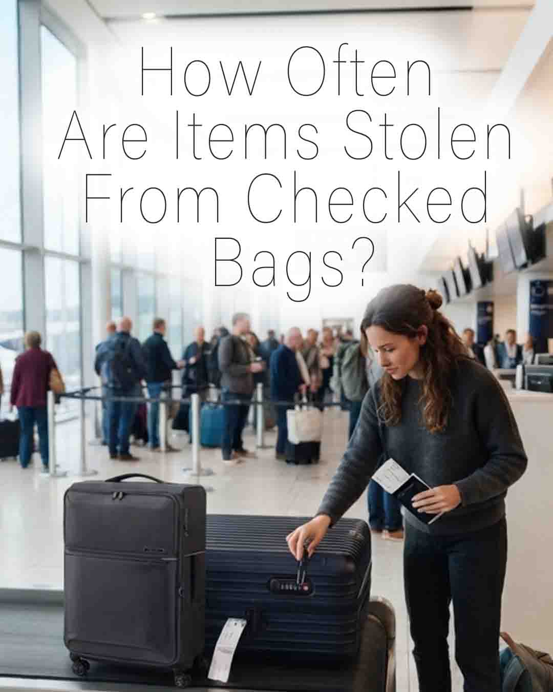 Traveler locking a checked suitcase at an airport baggage check-in area