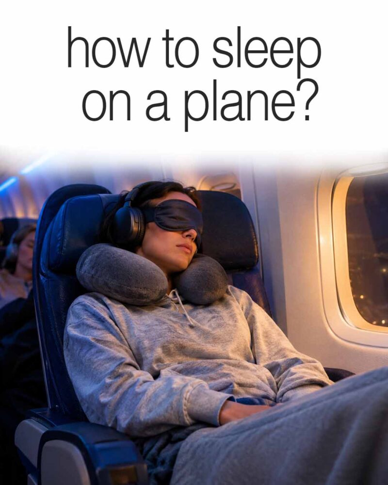 women sleeping on a plane with a travel pillow and headphones